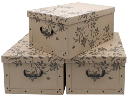 Spetebo 3er Set Aufbewahrungsbox mit Deckel 51 x 37 cm - Braun mit Blumenmuster - Stapelbox aus Pappe mit Griffen 45 Liter - Organizer Storage Box Allzweck Spielzeug Kiste Geschenk Karton stapelbar