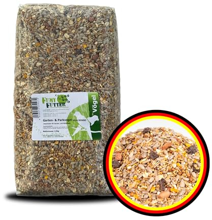 FumyFutter Garten- & Parkvogel, Premium - Vogelfutter Wildvögel ganzjährig ohne Schalen mit Erdnüssen, Sonnenblumenkernen und Rosinen - Ganzjahresfutter schalenlos - 2,5kg, 1x Beutel