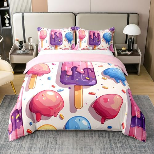 3D Ice Cream 100% Bio Baumwolle Bettbezug 200x200,Cartoon Muster Nette Tröster Abdeckung,Bunte Konfetti Bettwäsche Set,Sommer Food Theme Bett Set für Teens Mädchen Reversible Rosa