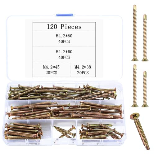 Selbstbohrende Schrauben, Metall, Kreuzschlitz-Senkkopfschrauben, Flachkopfschrauben für Bleche, Dachfenster, Holz, Gipskartonschrauben, 4,2 mm x 38 mm/45 mm/50 mm/60 mm, 120 Stück