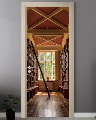 Türtapete Selbstklebend 86x200 cm Türfolie Selbstklebend Bibliothek Türaufkleber Türposter Bücherregal Aus Holz Türsticker Fototapete 3D Effekt für Schlafzimmer Wohnzimmer Küche 8566A