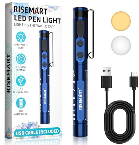 Rechargeable Pen Torch, RISEMART LED Pen Light with Warm/Cool White & Stepless Dimmable, Pupil Gauge Penlight for Nurses Doctors Paramedic EMT Emergency (Sapphire Blue)