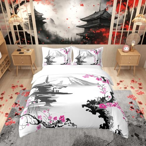 Homemissing Japón Fuji Mountain - Funda nórdica de 140 x 200 cm, color rosa Sakura Juego de Cama Estilo Japonés Conjunto de Ropa de Cama Pintura de Montaña a la Tinta Decoración Ropa de Cama Exótica
