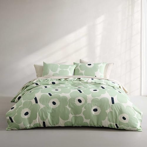 MARIMEKKO Bettwäsche-Set für Doppelbett/Queen-Size-Bett, superweiche Bio-Bettwäsche mit passenden Kissenbezügen, florales Bettwäsche, Öko-Tex Zertifiziert (Unikko Green, Full/Queen)