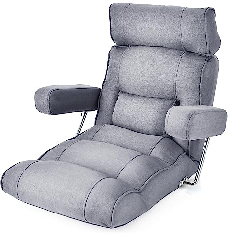 GOPLUS Bodenstuhl, Relaxliege mit Armlehne & Verstellbarer Rückenlehne, Bodensessel mit Schlaffunktion, Relaxsessel Meditationsstuhl Bodensofa für Zuhause & Büro (Grau)