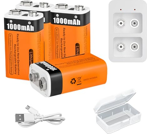 Pilas Litio Recargables de 9V 1000mAh (9000mWh) Batería Recargable PP3 con Cargador y Cable USB para Detector Humo, Multímetro, Control Remoto, Guitarra Eléctrica (4 Pcs)