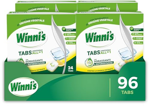 Winni's - Pastiglie per Lavastoviglie, 192 Tabs, Detersivo Multiazione Detergente, Sgrassante, Antiodore e Brillantante, Fragranza di Limone, con Materie Prime di Origine Vegetale, Confezione da 8