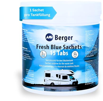 BERGER Fresh Blue Sachets | Tabs für Camping-WCs & Chemietoiletten | Sanitärzusatz zersetzt Fäkalien und verhindert unangenehme Gerüche | Einfache Anwendung & hygienische Dosierung | 15 x 26 g