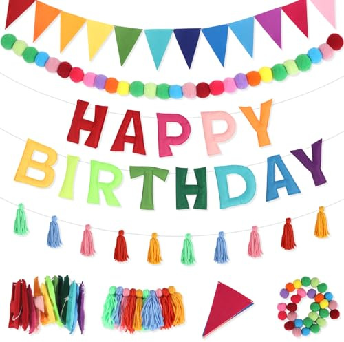 Winmany 4 Stück vorbespannte 3D-Happy Birthday-Banner aus Filz, mehrfarbig, Pompon-Quasten, Girlande, Wimpel, Flaggen, Geburtstagsschild, Dekorationen für Party