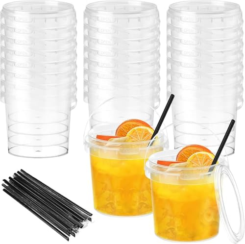 24 Pcs Clear Plastic Rum Buckets 2 Sizes Drink Buckets with Lids and 20 Straws Ice Cream Bucket Food Storage Beverage Container for Bar Party Beer Cocktails, 740 ml & 950 ml