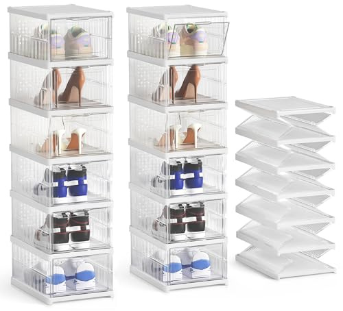 BTGGG Shoe Storage Cabinet Set of 12 Plastic Shoe Boxes Clear Stackable Shoes Cabinet for Sneakers Trainers Heels, Installation-Free Clear Plastic Storage Boxes with Door Fits UK Size 9