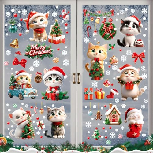 Fensterbilder Weihnachten Selbstklebend mit Katzen – 9 Stück Weihnachtsdeko Fenster, Schneeflocken & Katzen Fensteraufkleber PVC, Fenstersticker Weihnachten für Winter Innen Außen