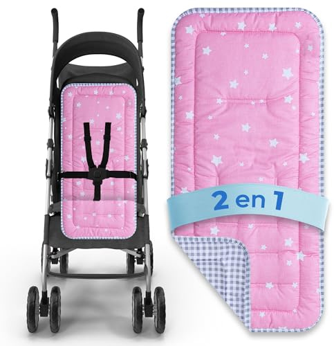 Colchoneta silla paseo universal | Reversible (2 en 1) | Transpirable | Todo el Año | Lavable | Acolchado Mayor Comodidad del Bebé. Compatible mayoría marcas. Fabricado en España (Rosa)