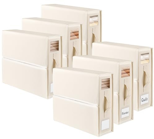 JAECU Lot de 6 Sacs de Rangement pour Drap de Lit, Tissu Oxford Boîte de Rangement Pliable avec FenêTre & Étiquette pour Sous les Lits, les Armoires, les Tiroirs (Beige)