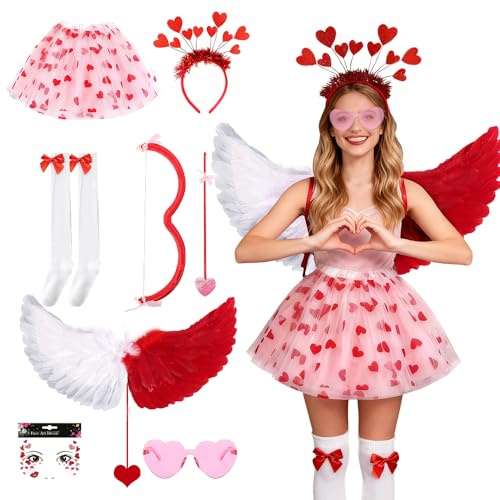 SGZIOO 8 Stück Amor Kostüm Damen, Herz Kostüm Damen mit Tüllrock Herzen, Flügel, Pfeil und Bogen, Herz Haarreif, Rot Herz Sonnenbrille, Socken, Amore Kostüm Damen, Karneval Valentinstag Party Cosplay