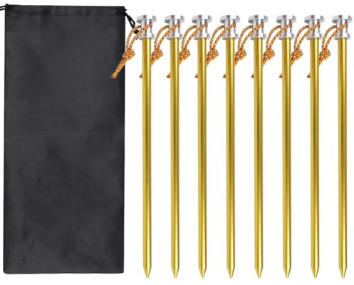 FACAIIO Paquete de 8 estacas de aluminio resistentes de 23 cm para arena, barro y hierba, estacas de camping ligeras con agujeros de cuerda, para tiendas de campaña, toldos