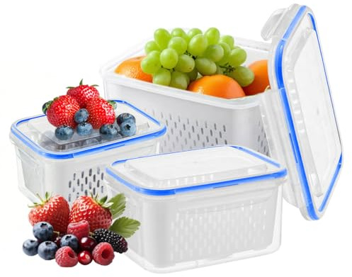 Rthynti 3 Set Fridge Fruit Storage Containers with Colander, Leak Proof Fridge Containers, Fresh Food Storage with Lids Airtight for Meat Fruit Vegetables(Blue)