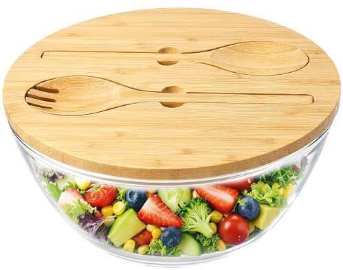 KDXBQ 4.5L Large Glass Salad Bowl with Bamboo Lid - 4500ml Trifle Mixing Bowl with Wooden Spoon & Fork Set - Clear Fruit Serving Dish for Pasta, Popcorn & Party Food - Freezer & Microwave Safe