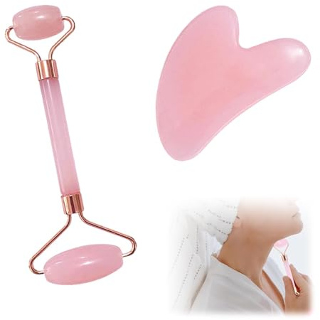 2-Piece Pink Gua Sha Tool Set,Natural Jade Stone Face Roller and Guasha Board for Women,Relieve Eye Puffiness,Wrinkles,Facial Massage,Skin Care,Body Muscle Relaxation,Spa Treatment