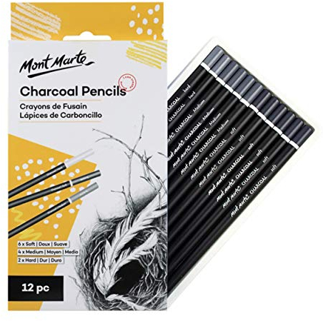 Mont Marte Kohlestifte Set Schwarz – 12 Stück – Zeichenkohle in verschiedenen Härtegraden – Zeichenstifte für Skizzen und beeindruckende Zeichnungen