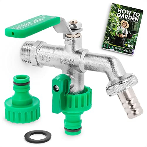 Double Garden Tap with Connector, G1/2 Inch Inlet and Two G3/4 Inch Outlet Outside Taps, Antifreeze -20 ℃, High Temperature Resistance 95 ℃ Double Tap Ball Valve