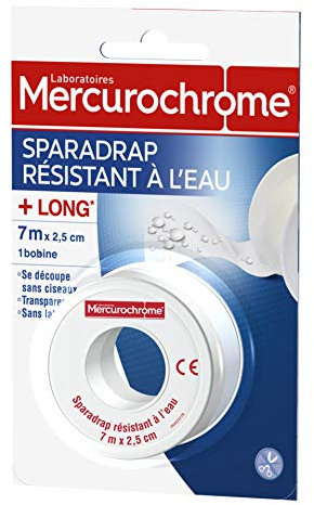 MERCUROCHROME - Sparadrap Résistant à l'Eau - Découpe Sans Ciseaux - Microperforé - Laisse Respirer la Peau - Garantit la Fixation et la Bonne Protection