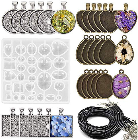 31 Stück Tabletts mit Anhänger aus Silikon mit 30 Stück Seil Halskette 1,5 mm aus Epoxidharz Metall Herstellung Basteln Schmuck Set Freizeit Geschenk Kreative Halskette
