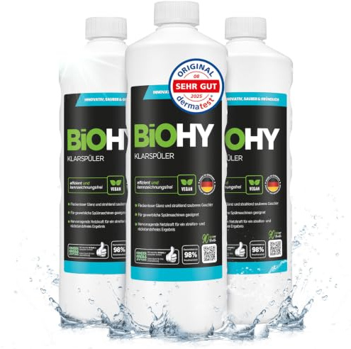 BiOHY Klarspüler (3 x 1 Liter) | Bio Geschirrspülmittel | ideal für alle Spülmaschinen | EXTRA STARKER Fettlöser für Gastronomie & Haushalt | frischer Glanz auf Glas & Geschirr
