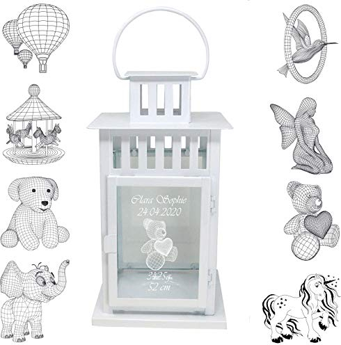 UDIG Laterne Metall mit Gravur, Geburtsgeschenk, Metalllaterne weiß 28x15,5x15,5 cm