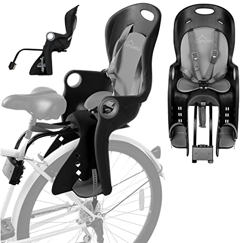 Campela Kinderfahrradsitz hinten – 2-in-1 Montage Gepäckträger & Rahmen 28–34 mm – 5-Punkt-Gurt, EN14344/TÜV – bis 22 kg, 9 Monate–7 Jahre – waschbares Polster – CA0060GRY