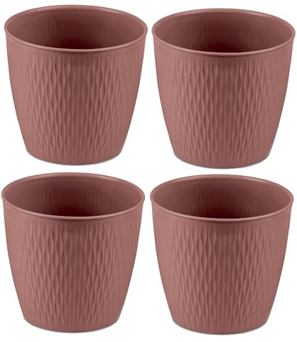 Kigima Set di 4 vasi da fiore da 20 cm di diametro marrone – robuste decorazioni in plastica con opzione di drenaggio – eleganti vasi per interni ed esterni