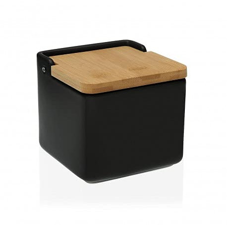 DRW Salero original cerámica cuadrado con tapa madera 12x12x12 cm (Negro)