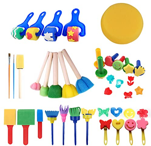 TheStriven Kinder Schwammpinsel Set 30 Stück - Schaum Pinsel DIY Muster Pinsel Set - Schwamm Malerei Pinsel Set - Malwerkzeuge Set für Früherziehung DIY-Lernen