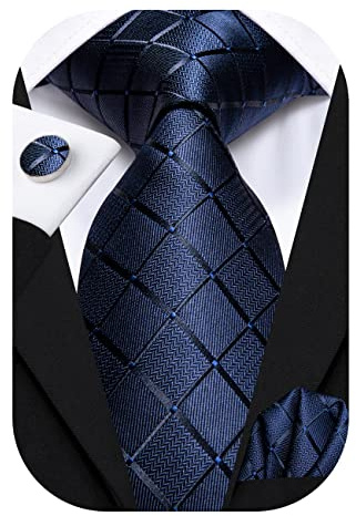 Hi-Tie Herren Seiden Krawatte Set Dunkelblau Karomuster Krawatte mit Einstecktuch Manschettenknöpfe Für Hochzeit