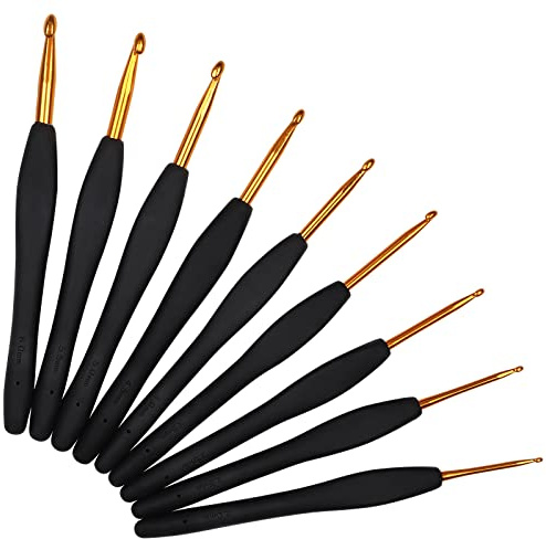 Aeelike Häkelnadel Set, 9 Stück Klassisch Schwarz Häkelnadeln Set mit Weich-Griff und Goldener Aluminium-Häkelkopf für Arthritische Hände, 9 Größen 2 mm-6 mm Häkeln & Stricken für Wolle Garn DIY