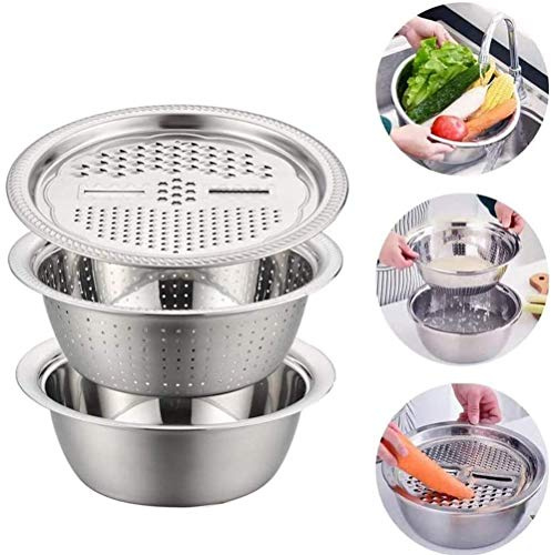 3pcs Multifunctional Stainless Steel Basin Set Drain Basket Fruit Vegetable Bracket Drain Basin Grater Basin Kitchen Tools (26cm)