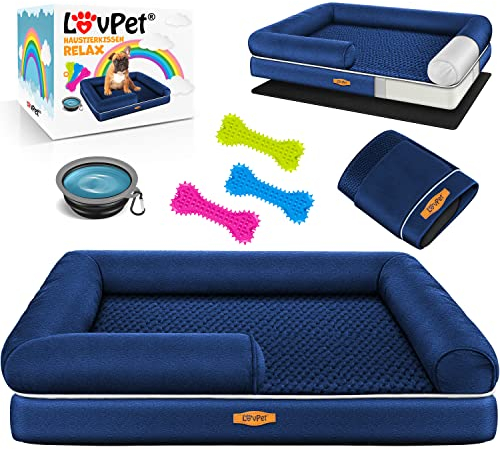 Lovpet® Orthopädisches Hundebett Hundekissen Hundekorb Relax, Inkl. Napf + 3X Kauknochen, Hundesofa für Kleine, Mittelgroße & Große Hunde, Bezug abnehmbar und waschbar, 106x80x22cm Navyblau