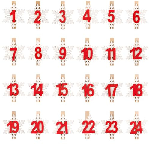 BOFUNX Lot de 24 Numéro Calendrier de L'avent en Bois,Chiffres de Noël,Pinces à linge en Bois avec Flocons de Neige,pour Décoration Calendrier de l'Avent et Noël-Rouge
