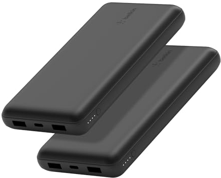 Belkin Cargador USB-C Portátil de 20 000 mAH, Batería Externa 20K con Puerto USB-C de Salida/Entrada, 2 Puertos USB-A y Cable USB-C a USB-A para iPhone, Galaxy y Otros - Negro (Paquete de 2)
