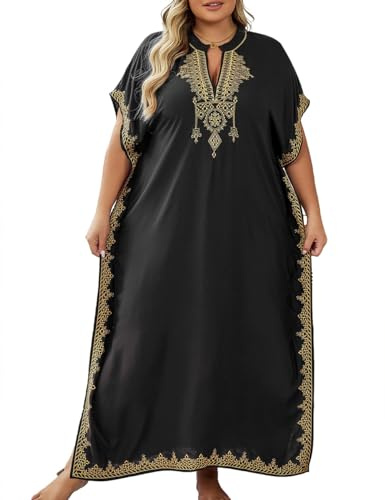 Bsubseach Kaftan Abiti per Le Donne Costume da Bagno Coverup Beach Caftan Swim Cover Up Ricamo Nero