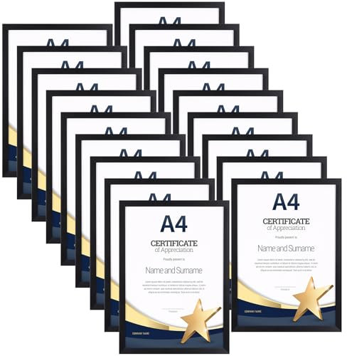 EYMPEU 18-Pack Black A4 Frames, Slim A4 Picture Frame for Displaying Certificates, Posters, Artwork on a Wall or Desktop, Elegant Design