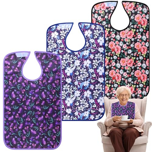 Pedobi Adult Bibs - 3 Pcs Washable Clothing Protector with Crumb Catcher, Adult Bibs for Elderly Women Eating Washable Flower
