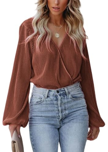 CUPSHE Blusas para mujer, cuello en V, aspecto envolvente, manga larga, plisada, túnica, manga larga, marrón, L