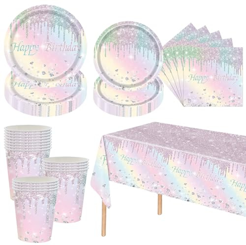 Rainbow Shiny Glitter Party Tableware Set for Girls Women,81pcs Macaron Diamond Themed Birthday Disposable Dinnerware Paper Plates Cups Napkins and Tablecloth for Her Birthday Party