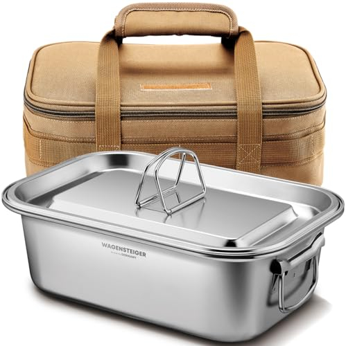 WAGENSTEIGER Grande pentola da campeggio in acciaio inox e borsa per il trasporto, 4,5 l, pentola quadrata in metallo e borsa organizer per cucinare all'aperto; organizer impermeabile, contenitore per