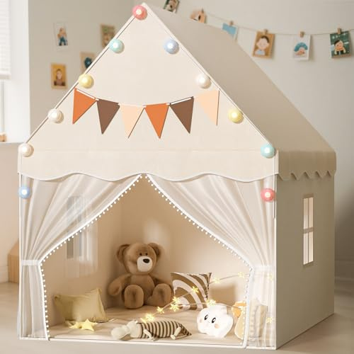 EagleStone Kinderzelt Play Tent mit Sternenlicht und gepolsterter Matte, Spielzelt für Kinder Indoor, Kinderspielhaus und Kinder Bettzelt, Kuschelecke für Mädchen & Jungen ab 3 Jahre, Weiß