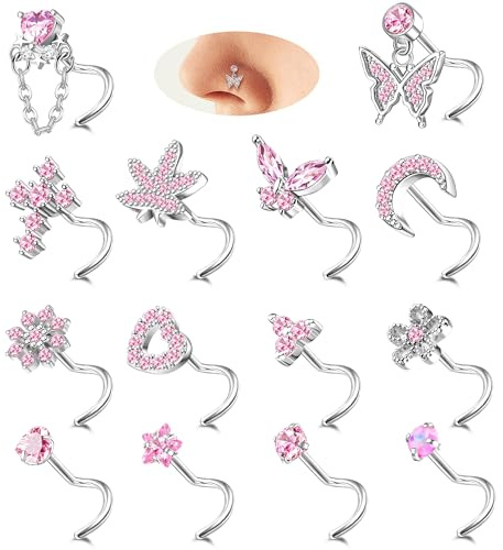 MILACOLATO 12Pcs 20G Dangle Nose Studs for Womens L Shaped Nose Rings
