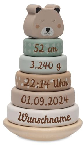 Elefantasie Stapelturm aus Holz personalisierbar mit Namen und Geburtsdaten Gravur Holzspielzeug Bär ab 12 Monaten