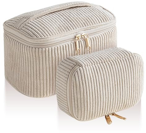 Kytpyi Kosmetiktasche Set, Kosmetiktasche Reise, 2 Stück Stilvoll Kord Schminktasche Groß mit Fächer für Toilettenartikel, Tragbar Weich Kulturtasche Damen für Verabredung Party Reise (Kaki Streif)