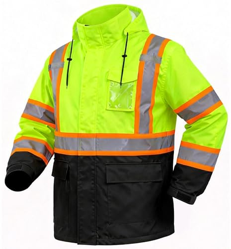 FATONE Hi Vis Rain Jacket Waterproof Class 3 High Visibility Rain Gear for Work Reflective, Safety Rain Coats for Men with Black Bottom Lightweight, Yellow (S/M)
